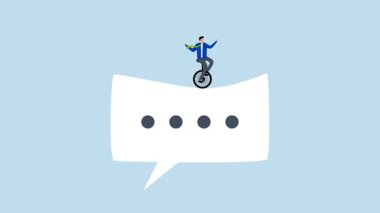 Başarıyla iletişim kurun, iş adamı akrobatın 4k animasyonu mesaj balonunda.