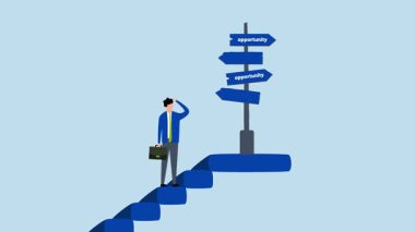 Fırsat, iş adamının 4k animasyonu fırsat işaretini görmek için merdivenleri tırmanır..