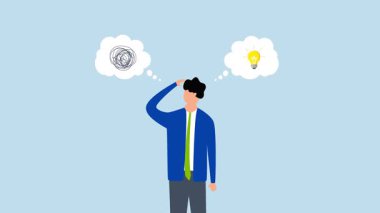 Problem çözme, iş adamlarının dağınık düşünce ve ampul fikriyle 4k animasyonu.