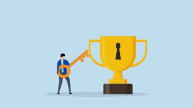 Başarının anahtarını aç, 4k animasyon. Kazanan kupanın kilidini açacak anahtarı olan iş adamı animasyonu..