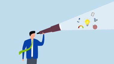 Ürün keşfi, iş adamının 4k animasyonu teleskopla ampul fikrini keşfetti.