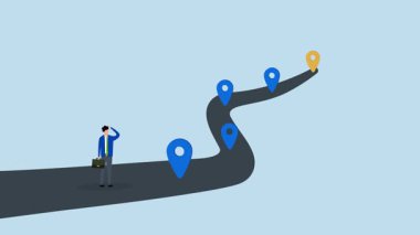 Başarı yol haritası yolculuğu, iş adamının 4k animasyonu başarının kilometre taşına bakın.