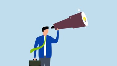 Ürün keşfi, parlak fikri keşfetmek için teleskop aracılığıyla girişimcilerin 4k animasyonu.