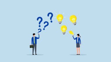 Soru ve cevap, iş adamlarının soru işareti ve ampul düşünce baloncuğu içeren 4k animasyonu.