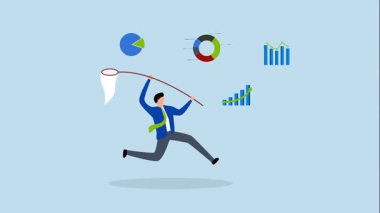 Bilgi topla, iş adamının 4k animasyonu kelebek ağıyla veri grafiği ve grafiği yakala.