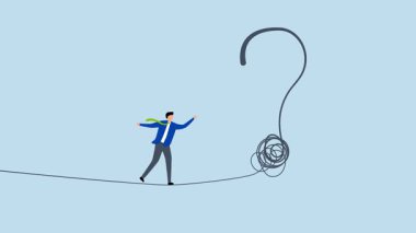 Belirsizlik, iş adamı akrobat ipinin 4k animasyonu soru işareti bulmak için yürüyor.