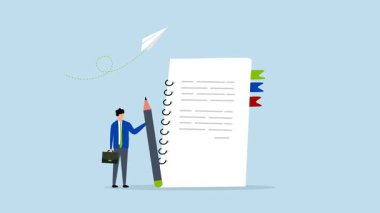 Not defteri kağıdına not yaz. Not defterine kalem yazan bir iş adamının 4k animasyonu..