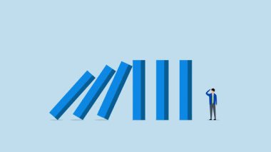 Risk yönetimi, düşen domino etkisi üzerine düşünen cesur girişimcinin 4k animasyonu.