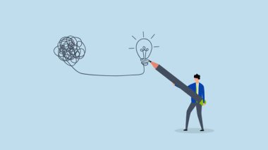 Problemi çözmek için yaratıcılık, iş adamının 4k animasyonu dağınık düğümden ampulü çeker.