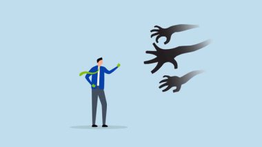 Korku mücadelesinin üstesinden gelme zorluğu, iş adamının 4 k animasyonu ve boks eldiveni ile korku dolu ellerle mücadele.