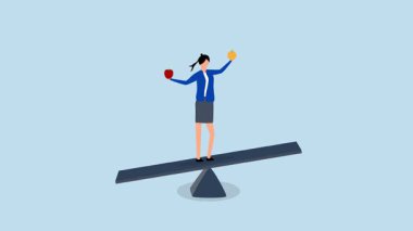 Karşılaştırma, iş kadınlarının 4k animasyonu turuncu ve elmayı karşılaştırırken tahterevallide denge sağlar.