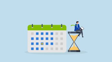 İşi bitirmek için takvim süresi, iş kadınının masadaki dizüstü bilgisayarı kum saati ve takvim tarihi ile 4k animasyonu.