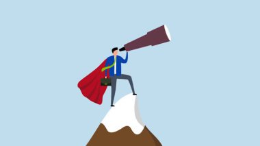 Başarıya giden yolculuğu görmek için iş görüşü, dağların zirvesinde gözcü teleskopunun 4k animasyonu.