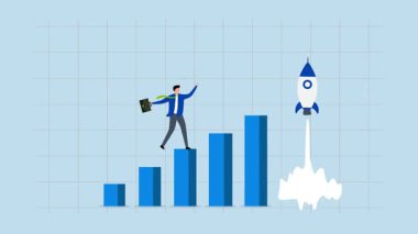 Roketin hızla büyümesi, iş adamının büyüme çizelgesinde 4k animasyonu roket fırlatması.