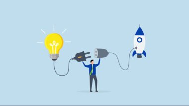 Girişimci iş fikri. Girişim şirketi kurmak, iş adamı ampul fikrini roket fırlatmaya bağlıyor..