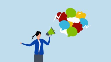 Konuş, iş kadını megafonla konuşma baloncuğu sesli mesaj ile..