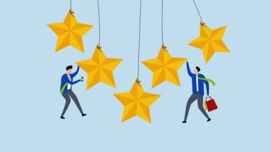 Müşteri tecrübesi derecesi, alışveriş çantası taşıyan bir kadın beş yıldızdan sarkan bir adamla cep telefonunu kullanıyor.