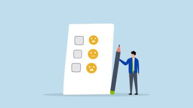 Müşteri değerlendirmesi, kalemi tutan adam, mutlu, nötr ve kızgın yüz ifadelerinin yer aldığı bir ankette onların deneyimlerini yansıtır..