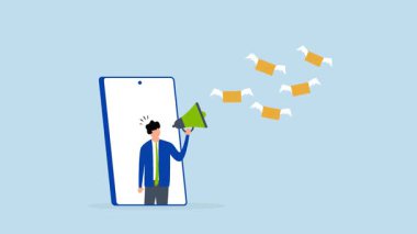 E-posta pazarlama kampanyası, akıllı telefondaki girişimci dijital e-posta bültenini çevrimiçi dağıtmak için megafon kullanıyor..