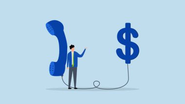 Tele pazarlamacı, elinde telefonla para işaretine bağlı duran bir satıcı..