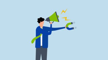 Girişimci megafona bağırırken müşteri çekmek için mıknatıs kullanıyor..