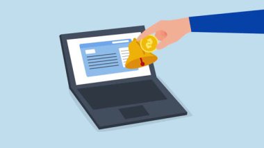 Abonelik iş modeli, müşteri el bilgisayarda abonelik çanı üzerine bozuk para koy.