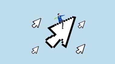 Dijital pazarlama, iş adamı düğmeye basmak için dijital piksel fare işaretçisine biniyor.