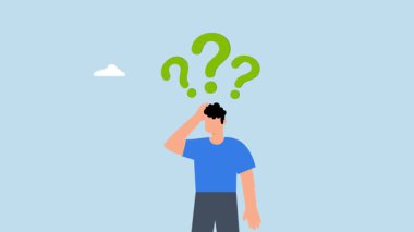 Karar vermeyi düşünmek. Şüpheli davranışları olan bir iş adamı soru işareti olan bir şey düşünüyor..