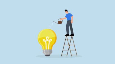 Fikir geliştirme, işadamı ampulü sıvılarla doldurmak için merdiven ile suluyor.