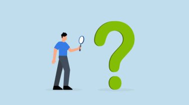 Sorun analizi, iş adamı soru işareti sembolünü analiz etmek için büyüteç kullanıyor..