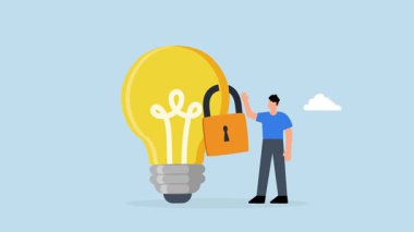 Fikri mülkiyet, ticari kilit markaları için parlayan ampul konsepti taşıyan girişimci.