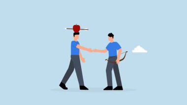 Güvenilir ortak ve iş adamları, riskli okçuluk atışından sonra el sıkışarak elmayı sergiliyorlar..