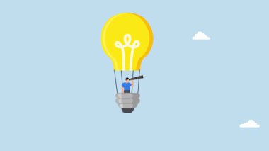 İş adamı teleskopla ampul balonu sürüyor ve bir vizyon arıyor..