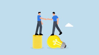 Fikir sunumu, ampul konseptini elinde tutan girişimci, para yığınları üzerinde yatırımcıyla tokalaşma..