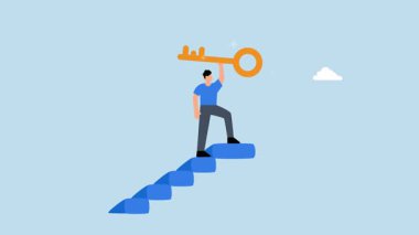 Kazanan işadamı merdivenlerden çıkıp, altın başarı anahtarını gökyüzüne çıkarır..