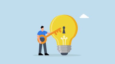 Altın anahtarı olan iş adamı ampul fikir lambasına anahtar yerleştirecek.