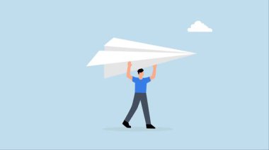 Yeni bir işe başla, büyük origami kağıt uçak üreten kararlı bir girişimci..