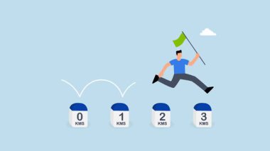 Başarı bayrağı taşıyan işadamı hedefine ulaşmak için kilometre taşlarına tırmanıyor..