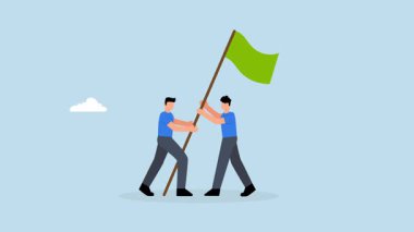 İş adamlarının takım çalışması zafer bayrağını göndere çekiyor.