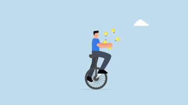 Yaratıcılık ve fikirler, tek tekerlekli bisiklette dengede duran kurnaz girişimci ampul lambası tasviri, sayısız kavram..