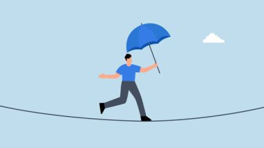 Cesur iş adamı yüksek ipte dengeli yürüyor..