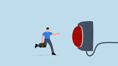 Kırmızı acil durum düğmesine basmak için acele eden dikkatli iş adamı.