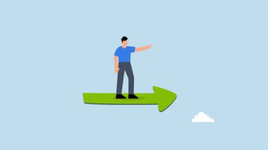 Yeşil ok diyagramı ile gökyüzünde yükselen iş adamı gelecekteki hedefini gösteriyor.