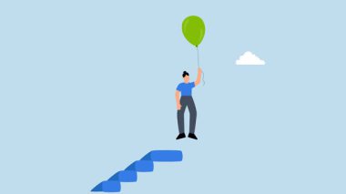 Başarılı iş kadını merdivenlerin tepesinden balon uçuruyor..