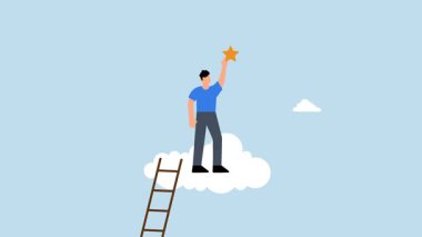 İş adamı kıymetli yıldıza ulaşmak ve onu yakalamak için merdivenleri tırmanır..