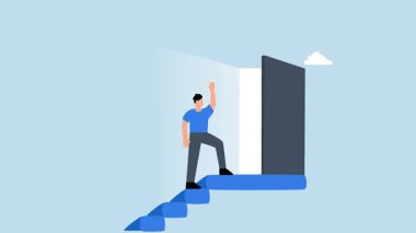 Merdivenin tepesine ulaşan işadamı, parlak ışığa açılan kapıları açar..