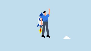 İş adamı roket iticileriyle yükseklerde uçuyor..