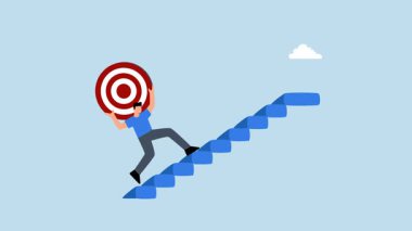 Güçlü bir işadamı omuzunda büyük bir hedef taşıyor ve merdivenlerden yukarı çıkıyor..