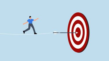 Zorlukların üstesinden gelmek ve iş hedefine ulaşmak için meydan okuyan işadamı akrobat, hedef hedefe ulaşmak için ipte yürüyor.