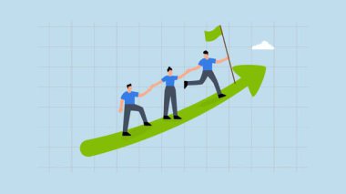 Takım çalışması hedefe ulaşmak için birlikte çalışmalı ve yürüyen ok diyagramı ile el ele tutuşan bir işletme yöneticisi..